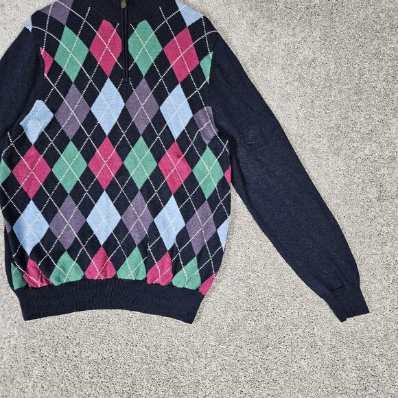 Brooks Brothers Wool Sweater Mens XL Blue Argyle 1/4 Zip Preppy Grandpacore - Picture 2 of 15